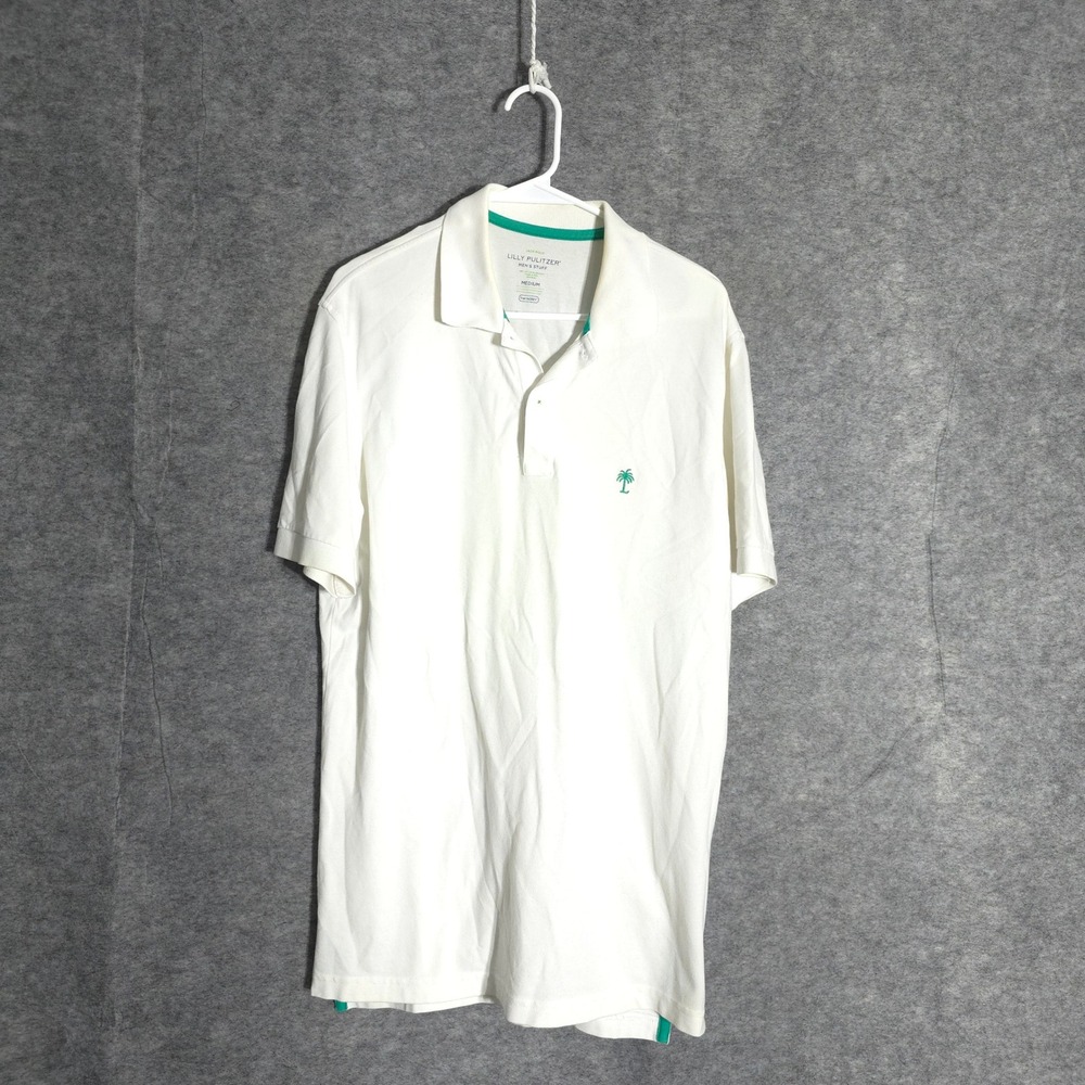 Lilly Pulitzer Jack Polo Mens Medium White Green Palm Tree Logo Stretch Pique